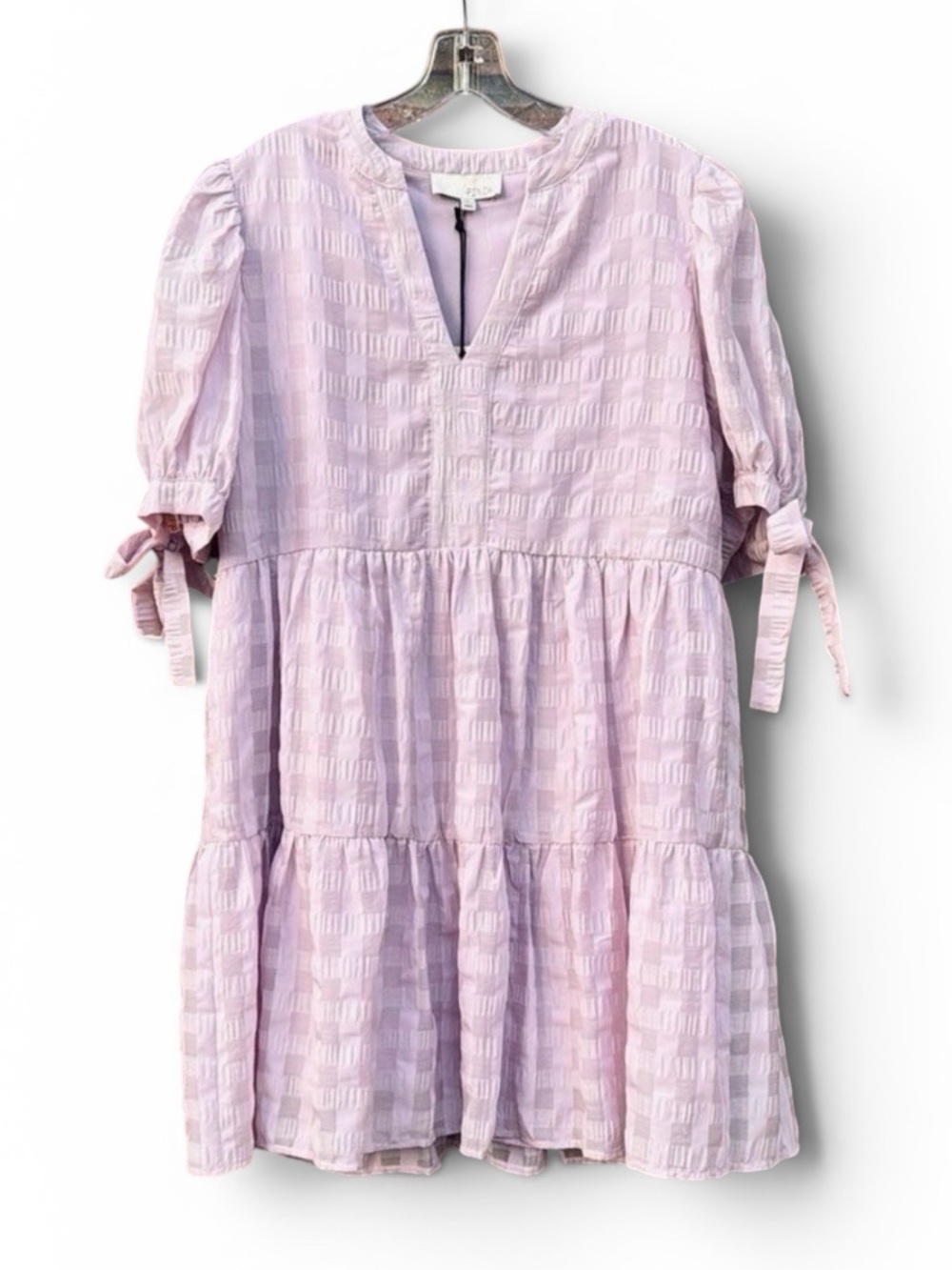 Pinch Tiered Puff Sleeve Pink Lavender Mini Sundress size Large NWT